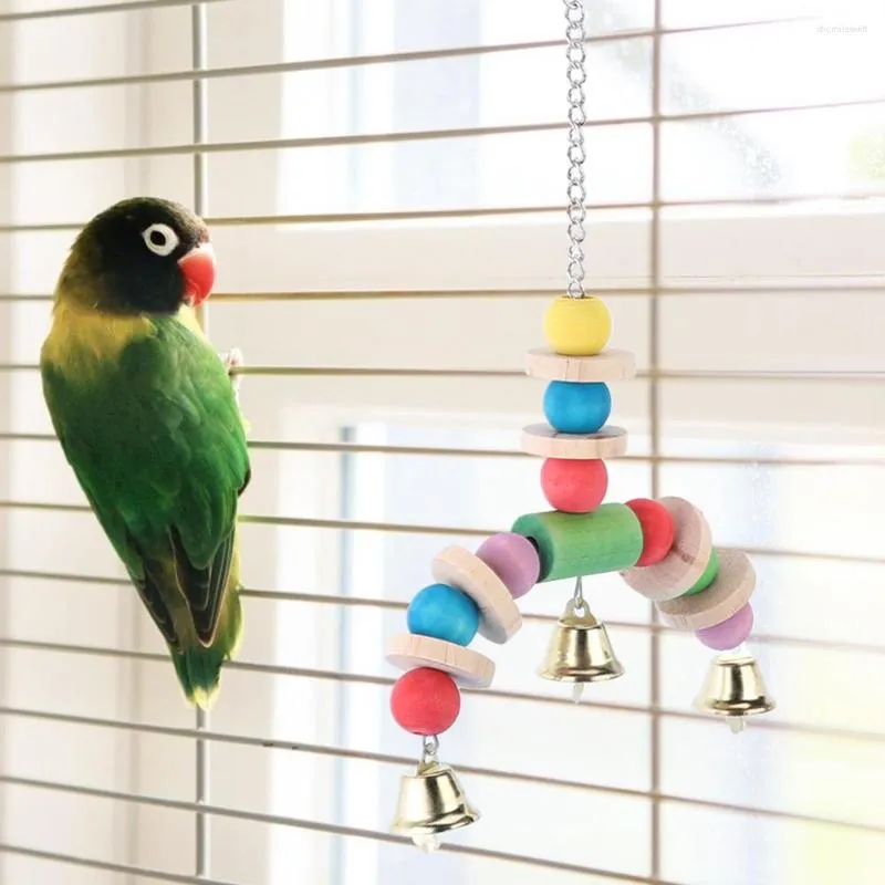 Outros suprimentos de pássaros para animais de estimação brinquedo de balanço de madeira gaiola de pássaros pendurado decoração com contas coloridas e gancho para treinamento