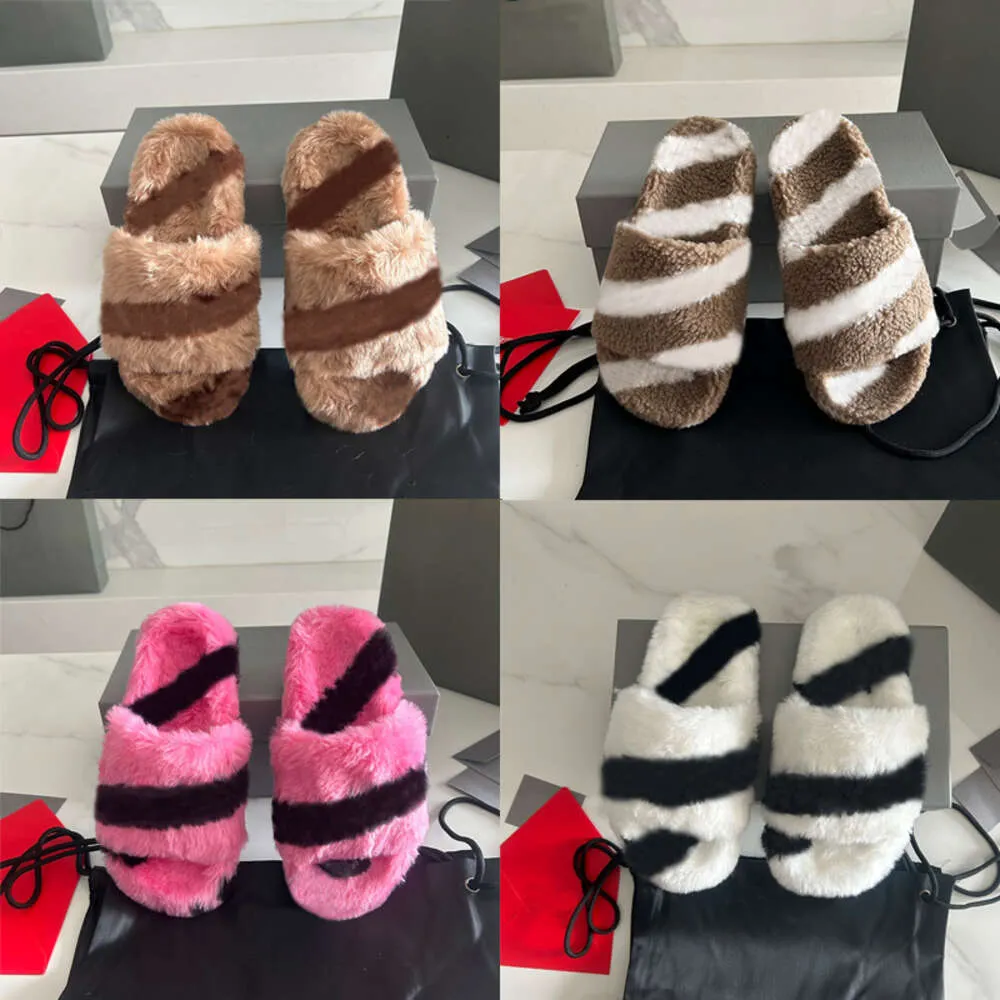 Pantoufles d'hiver en fourrure de styliste, sandales en laine, chaussures d'intérieur à plateforme douce et chaude avec boîte NO468