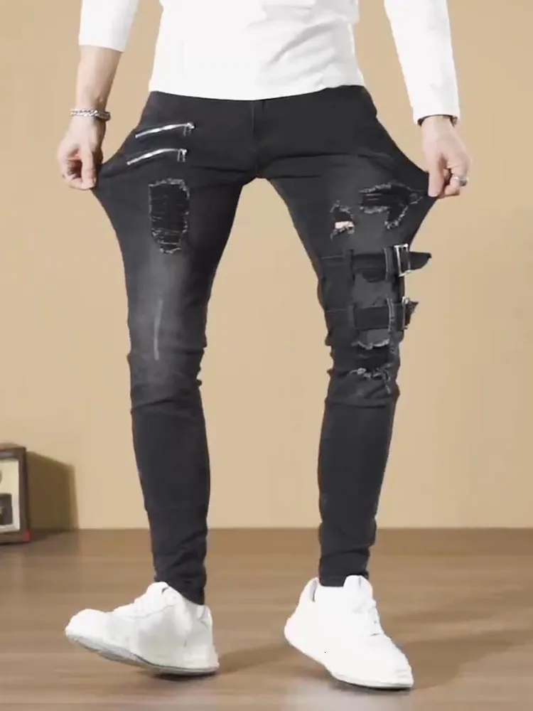 Black Ripped Skinny Skinny Jeans For Men Streetwear Hip Hop Denim