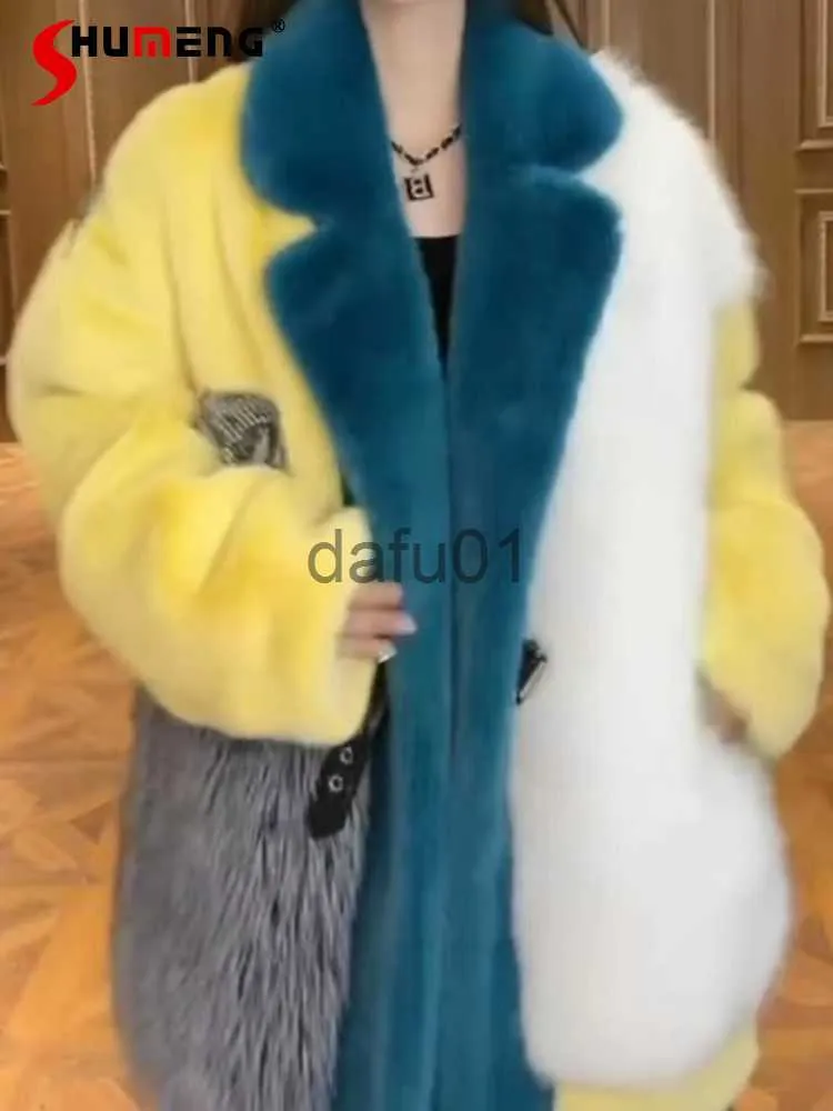 Pele feminina faux fur moda colorblock de mangas compridas peles mulheres 2023 inverno nova pele de vison quente integrada de comprimento médio casual tendência faux fur casaco feminino x0907