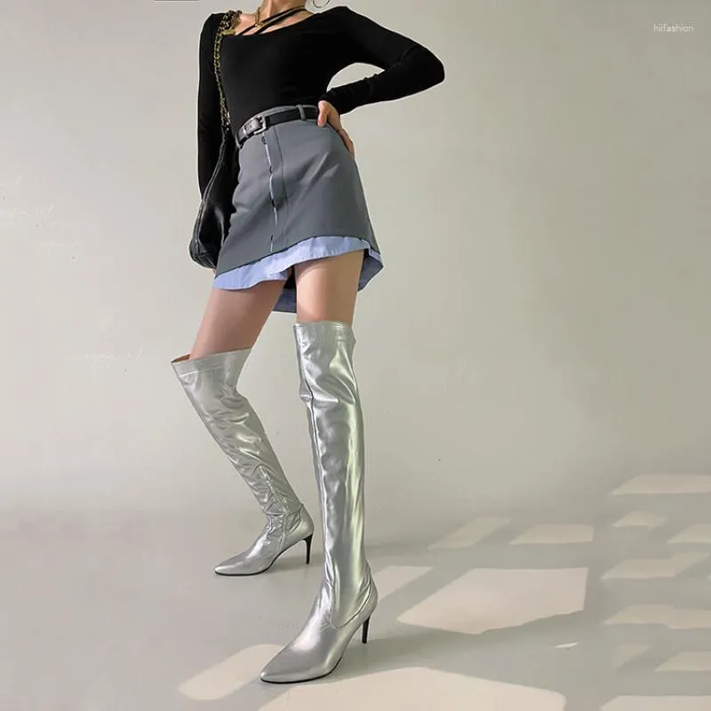 Botas para mujer Otoño e invierno Estilo de moda Sexy sobre la rodilla Plataforma puntiaguda Alto 7,5 cm Talla grande 34-48