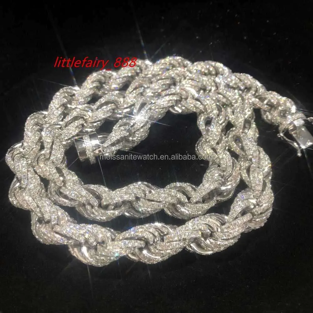 Collana da uomo con catena in corda d'argento con diamanti Moissanite completamente ghiacciata in argento sterling 925 personalizzato Hip Hop