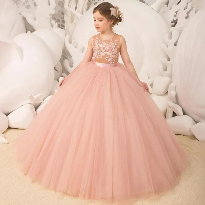 Платья для девочек, розовое кружевное платье с цветочным узором, пышное тюлевое платье с длинным шлейфом для дня рождения, свадебное платье принцессы для первого причастия
