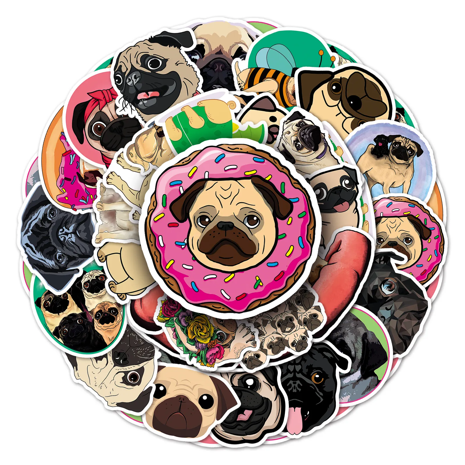 50 pçs pug cão criativo à prova dwaterproof água dos desenhos animados animal adesivo pvc skate diário decoração do carro