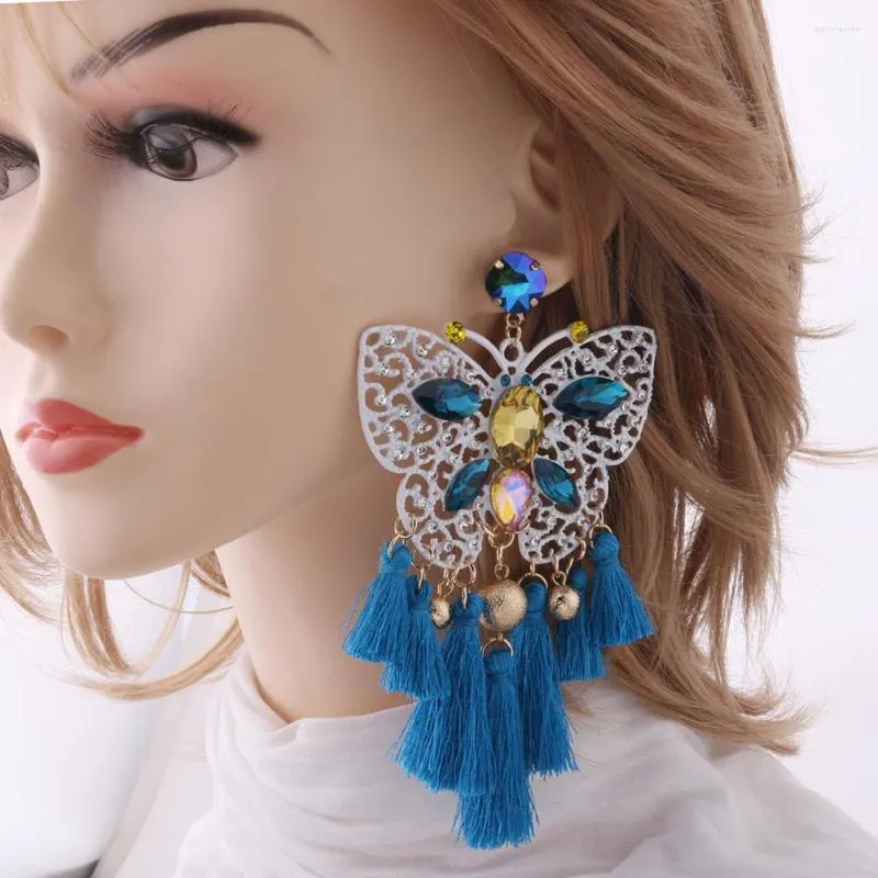 Boucles d'oreilles pendantes Boho grand papillon, peinture blanche, pompon coloré, Long verre pour femme, grand Brinco, bijoux féminins