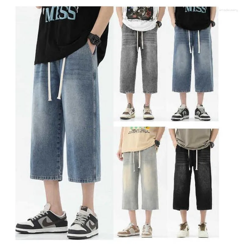 Mäns jeans Multi Color Calf-Längd Summer Denim Elastic midjeshorts Jean Straight Pants