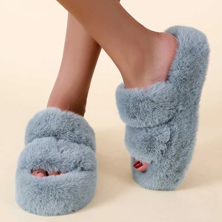 Pantoufles Hiver Fluffy Home Pantoufles Femmes 2023 Nouveaux Pantoufles De Fourrure Chaude Femmes Plate-Forme Plate Confortable Chaussures D'intérieur Fourrure Fausse Fourrure Diapositives X0905