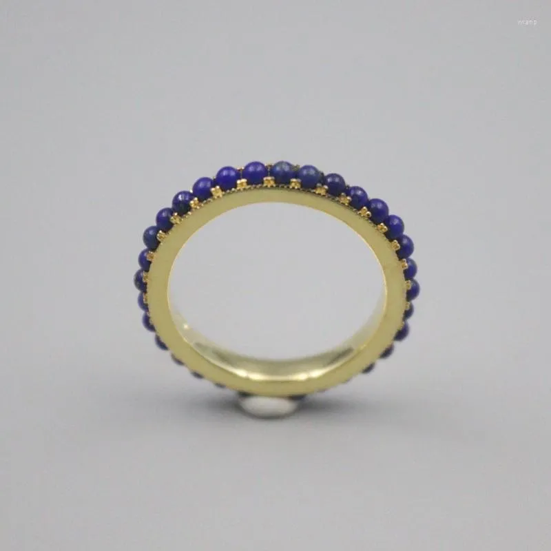 حلقات الكتلة الصلبة النقية S925 Sterling Silver Lapis Lazuli Band Women Round Figure Ring 3mm US8