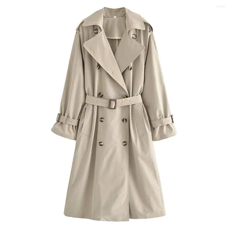 Trenchs Femme Automne Mince Long Banlieue Beige Manteau Avec Ceinture Casual Lâche Revers Double Boutonnage Kaki Mi-long