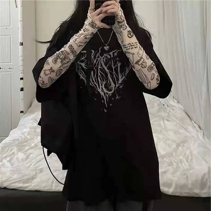 DeepTown Gothic Y2K Ogabersa 2 sztuki Zestawy T-shirty Kobiety Grunge Streetwear Dark Graphic Short Rękaw Top Kpop Casual Mesh Tees