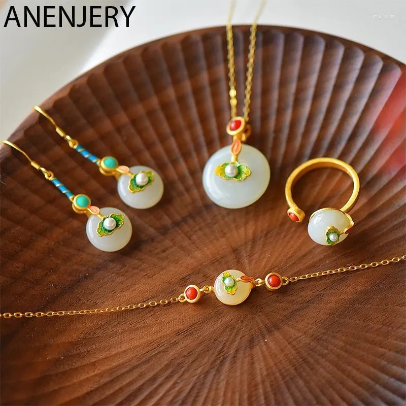 Necklace Earrings Set ANENJERY Lotus Leaf Pearl White Stone Pendant Necklaces Rings Bracelets For Women Hanfu Jewelry