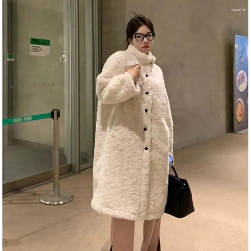 Frauen Pelz 2023 Winter Frauen Solide Elegante Lamm Mäntel Dame Einreiher Stehkragen Faux Weiblichen Koreanischen Mode Lange