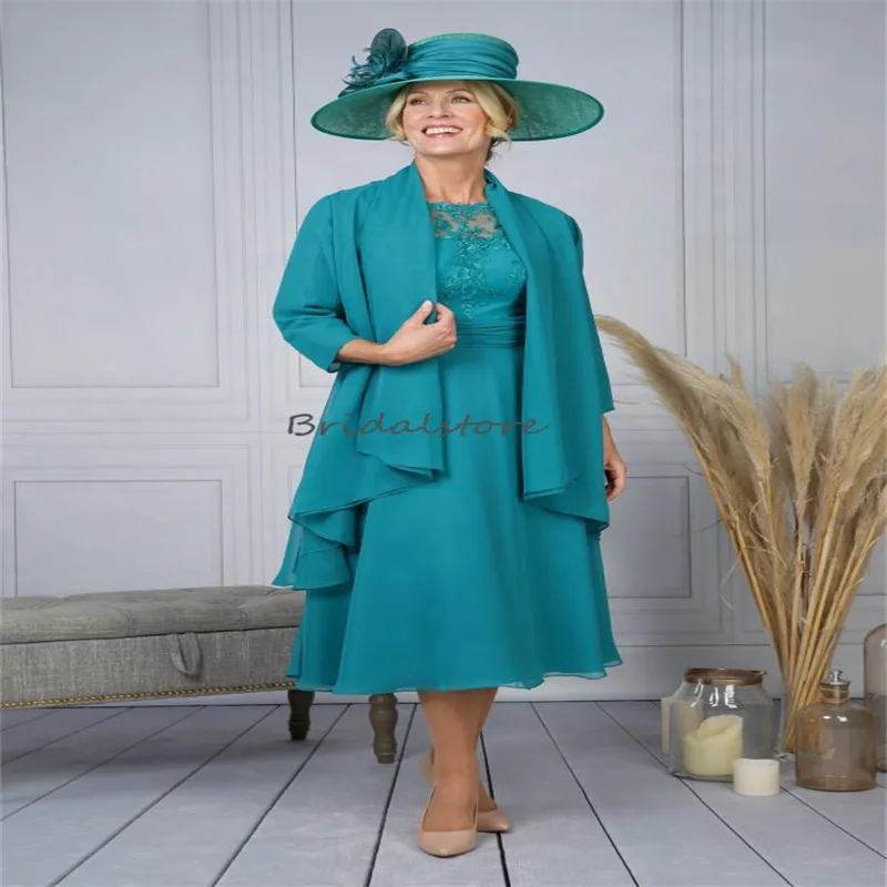 Sierlijk Turquoise Bruidsmoederjurken UK met jasje Elegant 2-delig Chiffon Bruiloftsgast Dames Formele avonden Jurk Tweede feest Speciale gelegenheden 2023