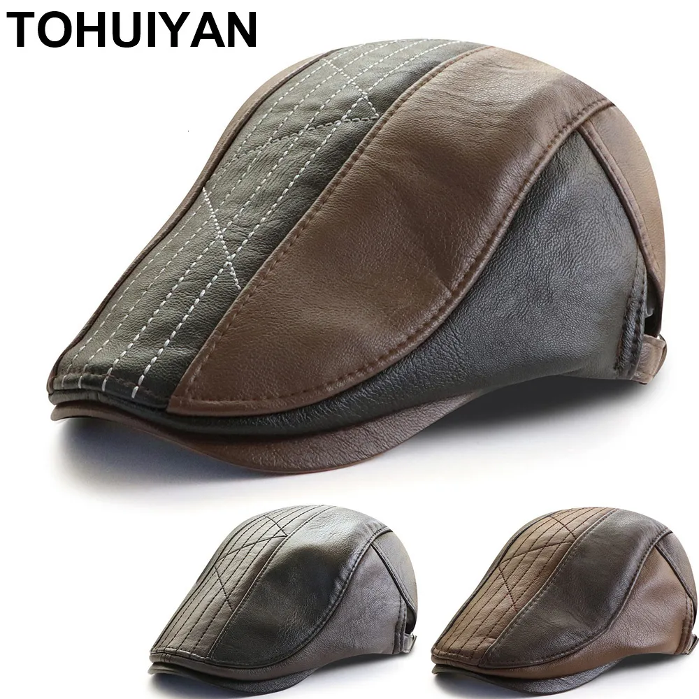 Bérets TOHUIYAN hommes chapeaux en cuir Vintage Gentleman casquettes plates Boinas Para Hombre Ivy chapeau irlandais extérieur réglable pilote 230907