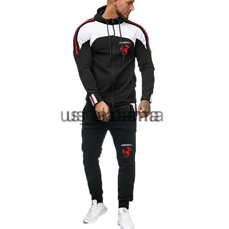 Trainingsanzüge für Herren NEUE Herrenmode Herren-Strickjacke + Hosen-Set Abarth-Druck Hochwertige Baumwolle Winddichte Herrenjacke + Hose 2-teilig x0907