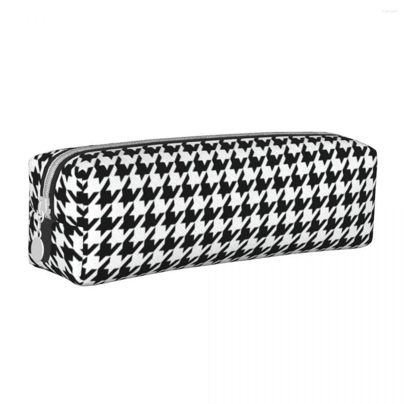 Retro Houndstooth Square Pencil Case Abstract Checkered University Cool Leather Box for Child Zipper Pen Organizer