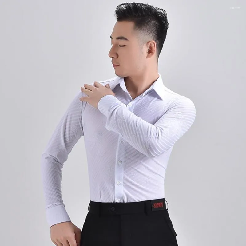 Scene Wear Men Boys White Long Sleeve Dance Shirt Competition Performance Ballroom Modern Salsa Tango Samba Waltz Top Dancewear