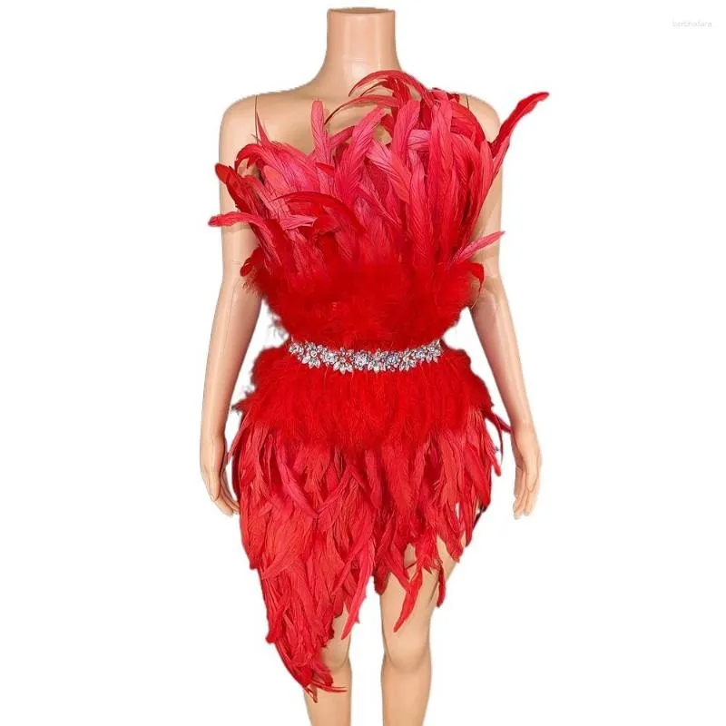 Stage Wear Elegant Feathers Rhinestones One Shoulder Short Dress For Women Sexy Party Prom Birthday Wedding Celebrate Show