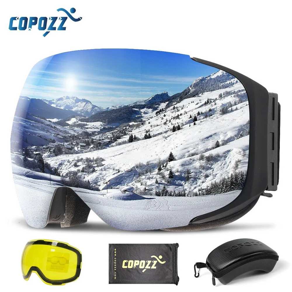 Kayak Goggles Copozz Manyetik Kayak Gogges 2S hızlı değişen lens ve kasa seti UV400 Koruma Koruma Boz Anti Snowboard Kayak Gözlükleri Erkekler için 230907