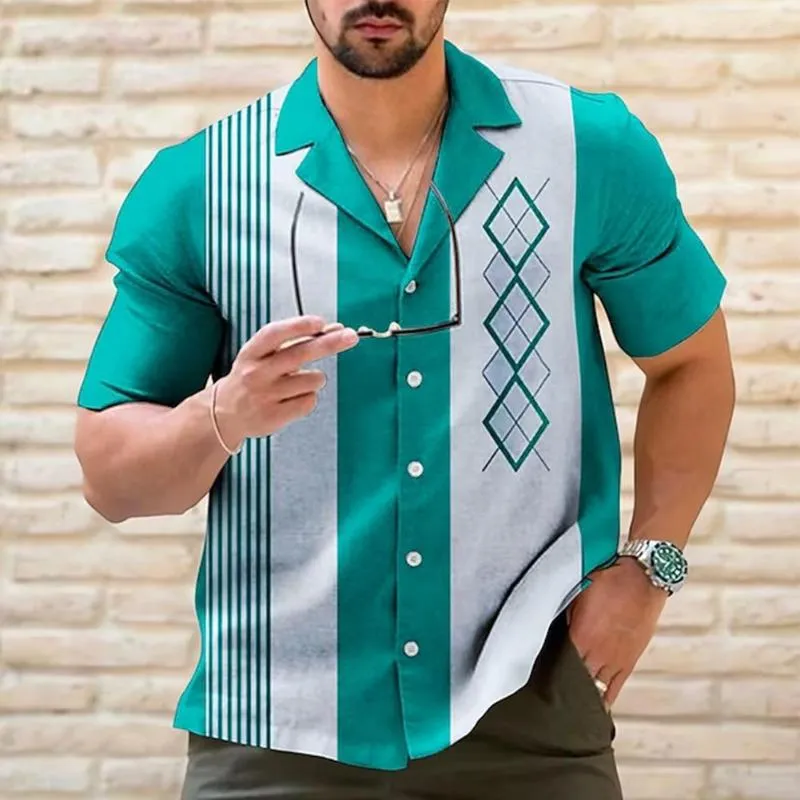 Camisas casuais masculinas mens vintage camisa de boliche retro listrado manga curta botão para baixo praia tops traje