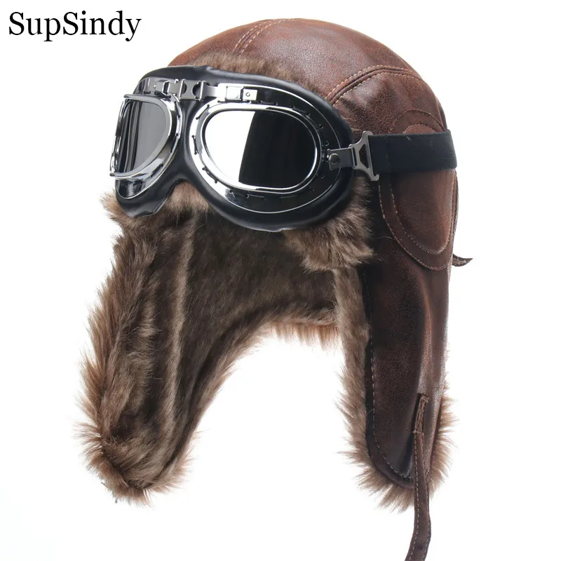 BeanieSkull Caps SupSindy Heren Winter Bomberhoed met bril Outdoor Motor Winddicht Warm Nepbont Pilot Oorklep Leer Thermisch Ushanka 230907