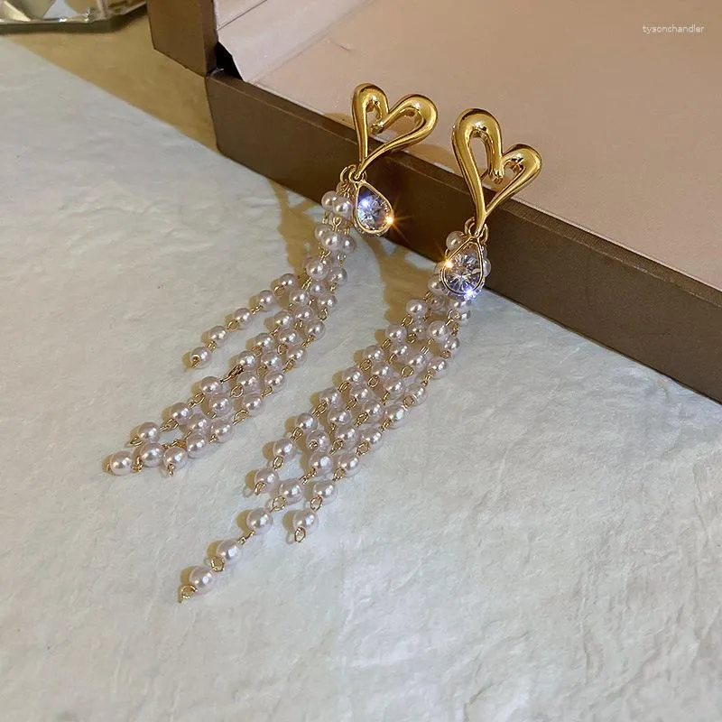 Dingle örhängen 2023 Heart Crystal Luxury Long Tassel Pearl Korean Fashion Earring Party Girls Ear Clip Jewelry