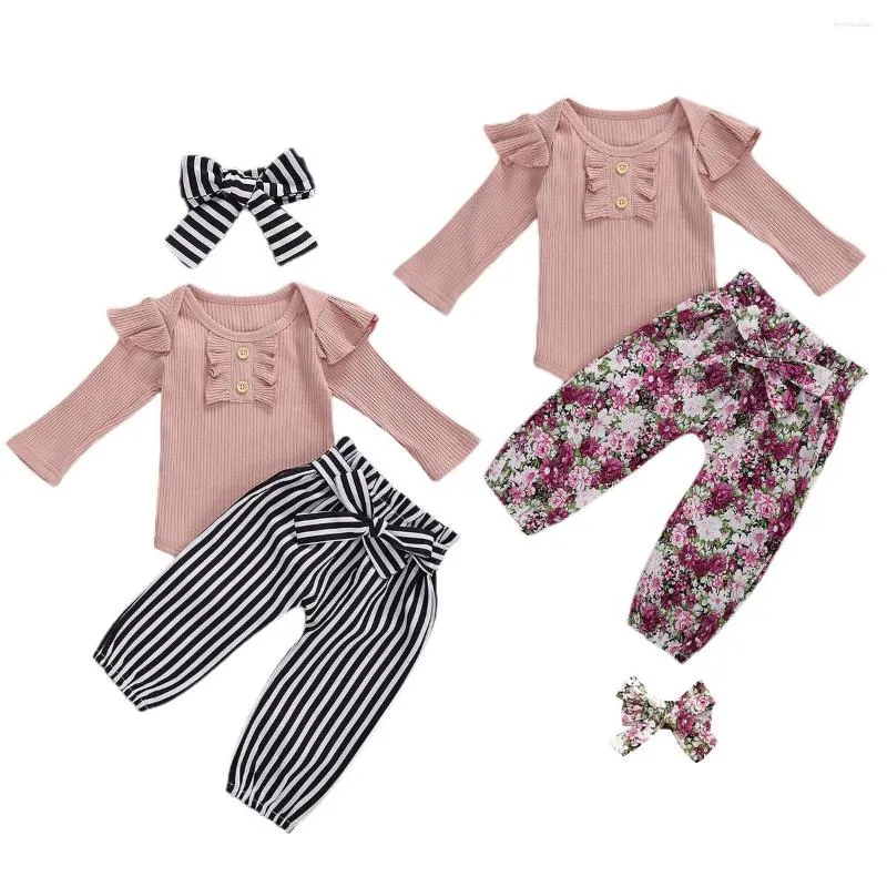 Conjuntos de roupas 2023 outono nascido bebê meninas conjunto plissado manga longa malha top floral listrado calças headband 0-2t roupas de criança