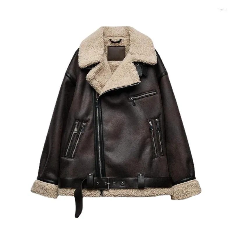 Women's Fur ZXRYXGS 2023 British Style JacketLeather Clothing Temperament Trend Winter Coat Fashion Lapel Collar Motorcycle Jacket