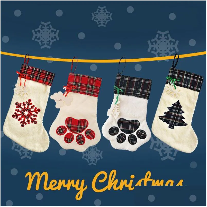 Christmas Decorations Cat Dog Paw Stocking Sock Decoration Snowflake Footprint Pattern Xmas Apple Candy Gift Bag For Kid Rra75 Drop De Dhfzg