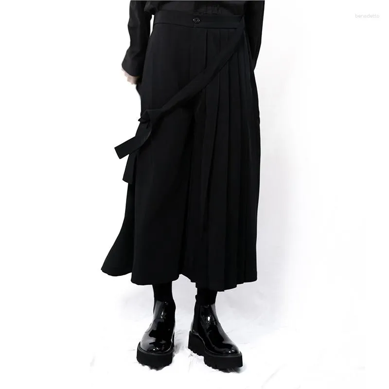 Men's Pants Casual Black Solid Color Simple Wide Leg Skirt Pleated Asymmetric Spring And Autumn