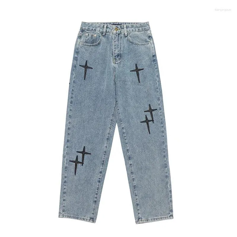 Herren Jeans Weitbein Frachthosen Kreuz Stickerei Streetwear Baggy Männer 2023 Frühling Herbst Koreaner Y2k Loose Straight Male Tuch