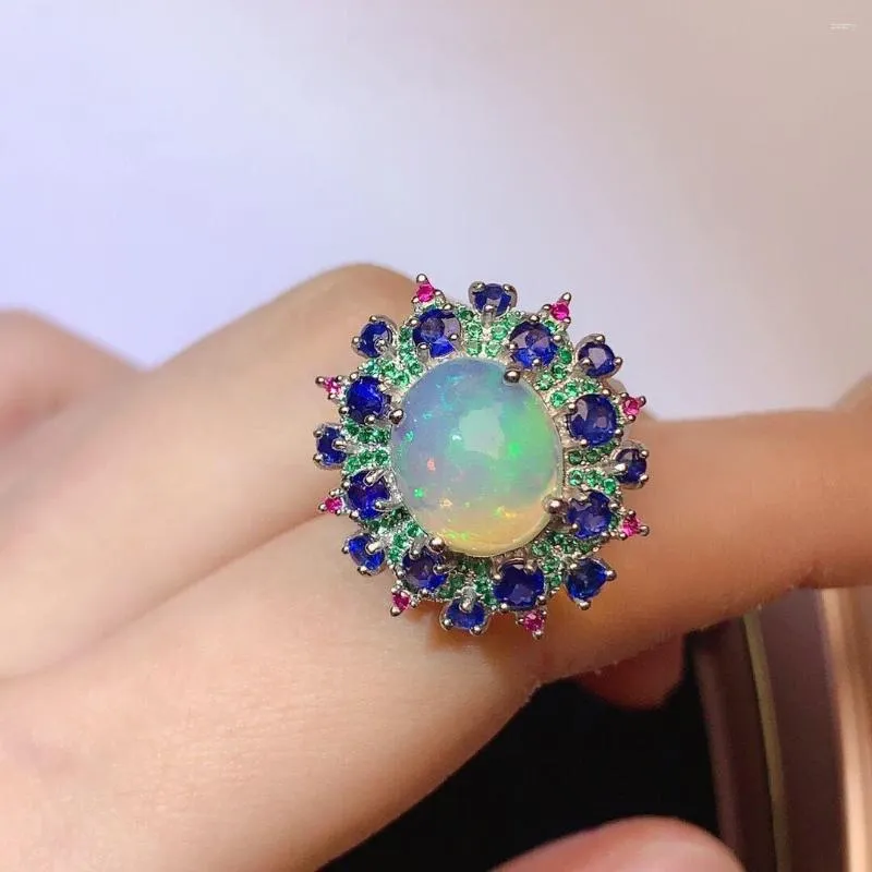 Bagues de cluster 925 Silver Ring Set pour femmes Fleur Bijoux Luxe Opal