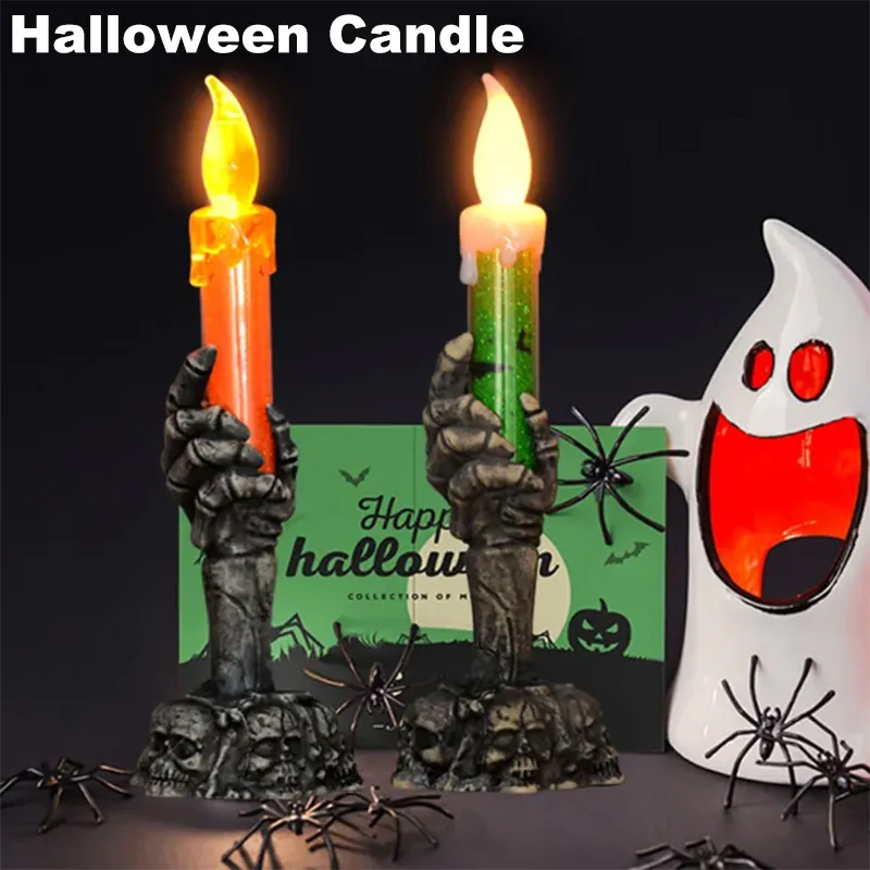 Andra festliga festförsörjningar Halloween LED -lampor Skull Ghost Holding Candle Lamp Holloween Table Top Decorations for Home Haunted House Ornaments 230907