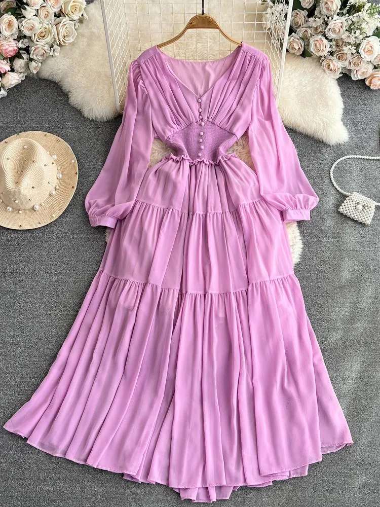 Casual Dresses Spring Autumn Vintage Women Chiffon Long Dress Elegant Purple/Red/Beige Vestidos V-hals Puff Sleeve Vacation Beach Maxi Robe