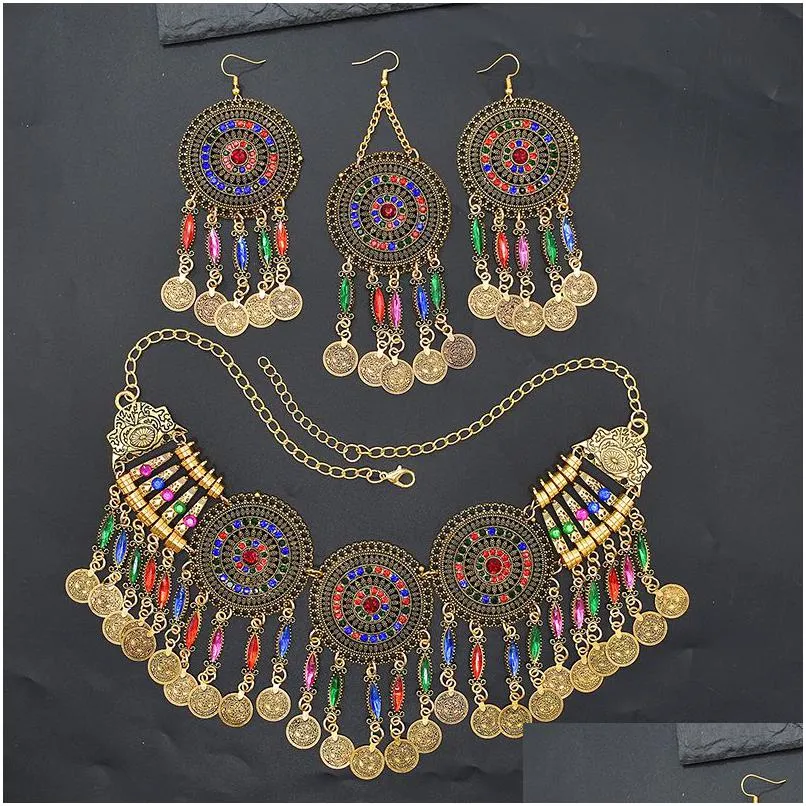 Earrings Necklace 3 Pc Indian Jewerly Sets For Women Boho Ethnic Hairbands Coins Tassels Vintage Colorf Crystal Drop Female 230410 Del Dhjwq