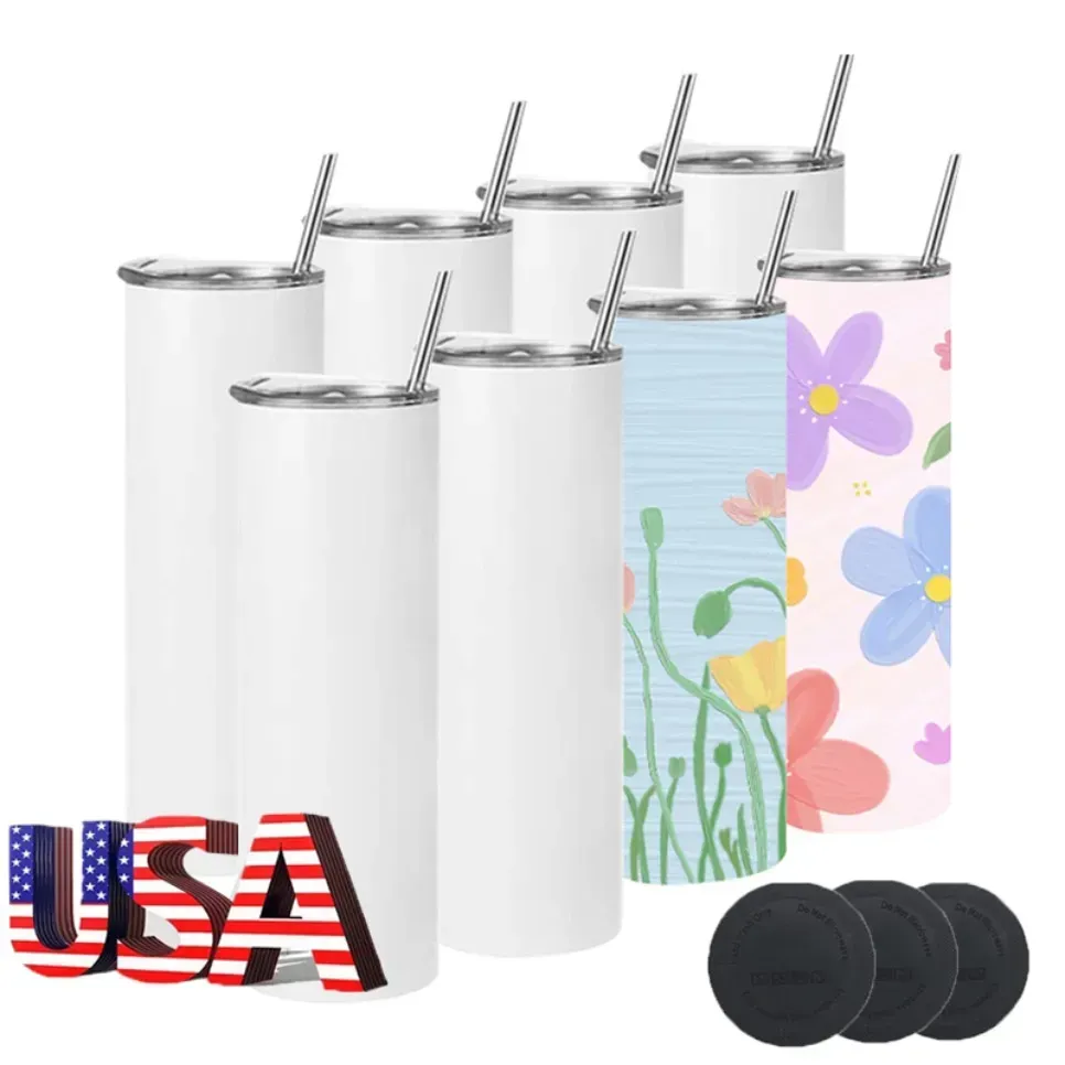 USA/CA Warehouse lagrade 20 oz sublimeringsämnen Tumbler Heat Press rak mager sublimering tumbler med lock och halm