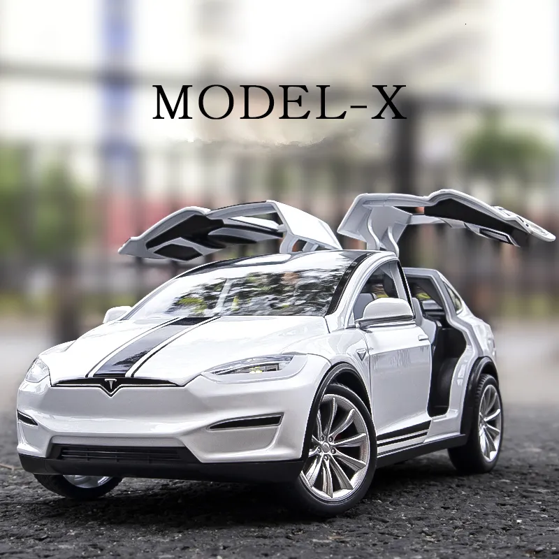 Diecast modelo 1/20 tesla x liga carro metal brinquedo modificado veículos simulação coleção som luz crianças presente 230906