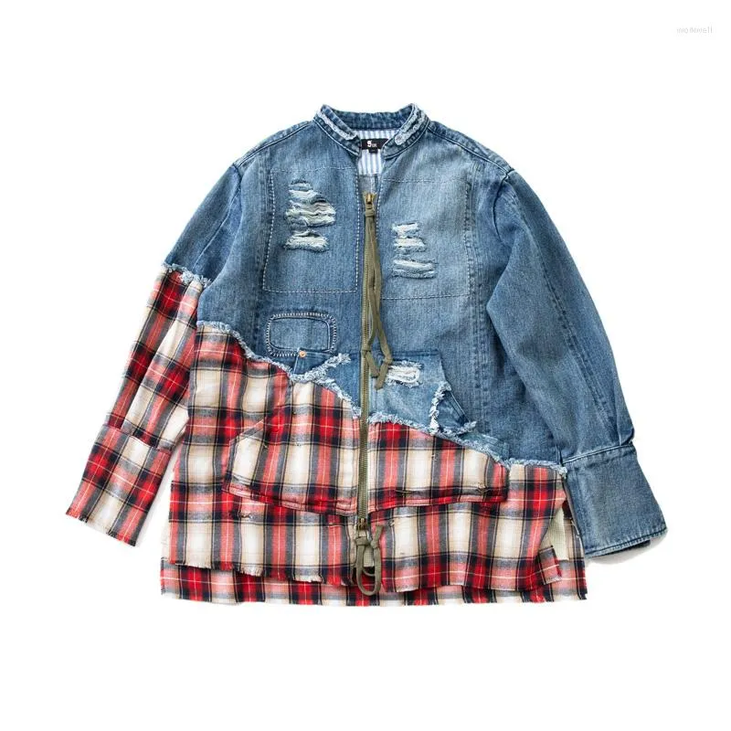 Herrjackor 2023SS GL Hole Denim Plaid Patchwork Casual Jacket Warm Windbreaker Y2K Streetwear Techwear Coat Clothing Clothing Clothing