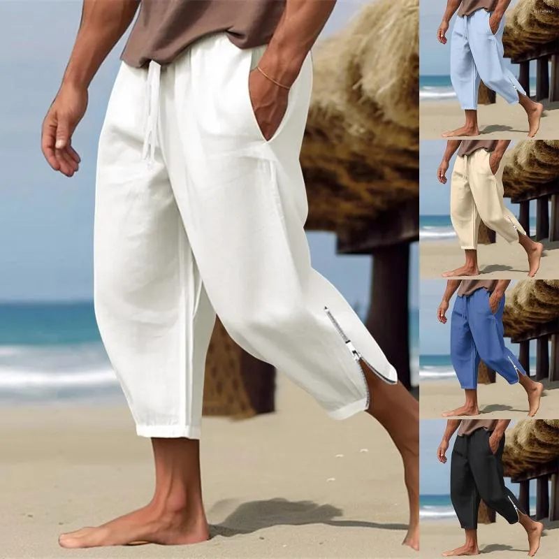 Pantaloni da uomo in lino Estate Spiaggia Coulisse Vita elastica Gambe con cerniera Abbigliamento da esterno Pantaloni sportivi Atletici