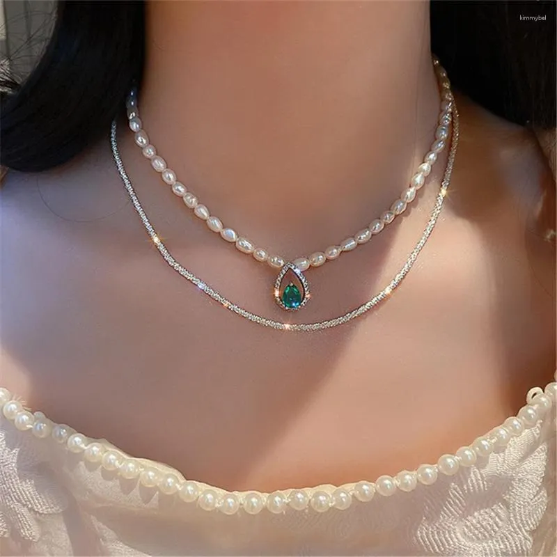 Pendanthalsband Sydkorea sötvatten pärla grönt vatten droppe choker dubbel halsband för kvinna temperament super fairy collarben kedja