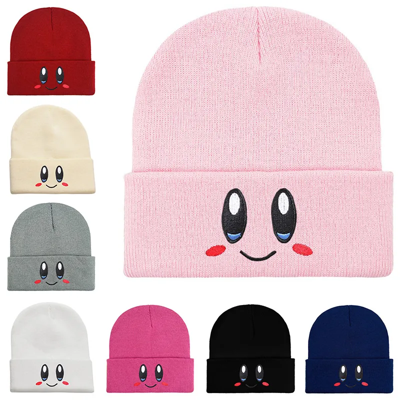 Schöne Cartoon Pink Kirby Beanies Big Eyes Stickerei Lächeln Gesicht Strickmütze für Frauen 17 Farben