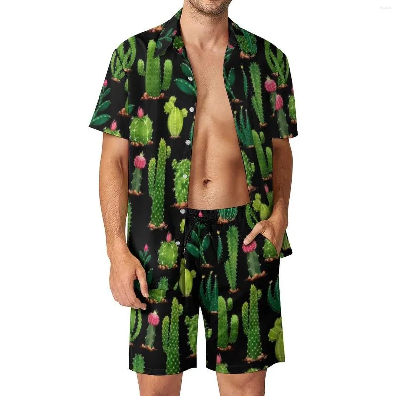 남자 트랙 슈트 선인장 남성 세트 식물 잎 캐주얼 셔츠 세트 미적 해변 반바지 여름 맞춤 정장 2 조각 의류 대형 크기