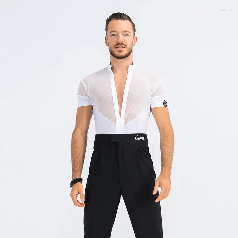 Stage Wear Mâle Blanc Latin Dance Shirt Compétition Professionnelle Pratique d'été Tango Ballroom Waltz Performance Tops DL10867