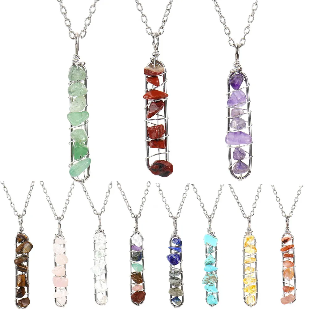 Wire Wrapped Chip Stone Hanger Kwarts gebroken kralen Rechthoek Maan levensboom Charms Amethist Lapis Healing Crystal Agaat Kettingen voor dames sieraden