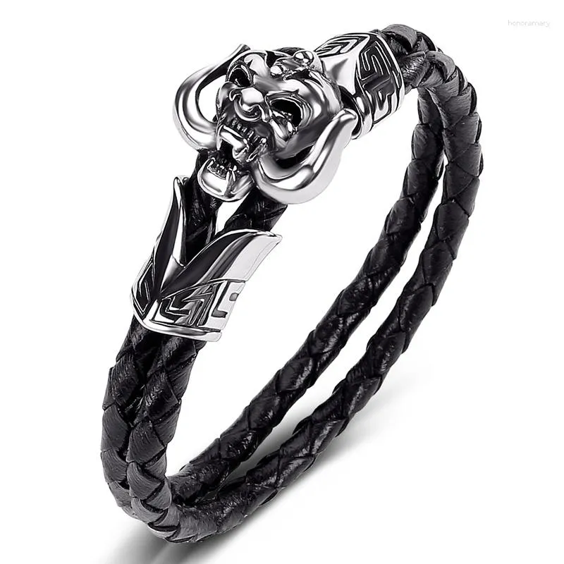 Charme pulseiras na moda dupla camada pulseira de couro genuíno pulseira de aço inoxidável diabo crânio masculino pulseiras mão jóias presente p518