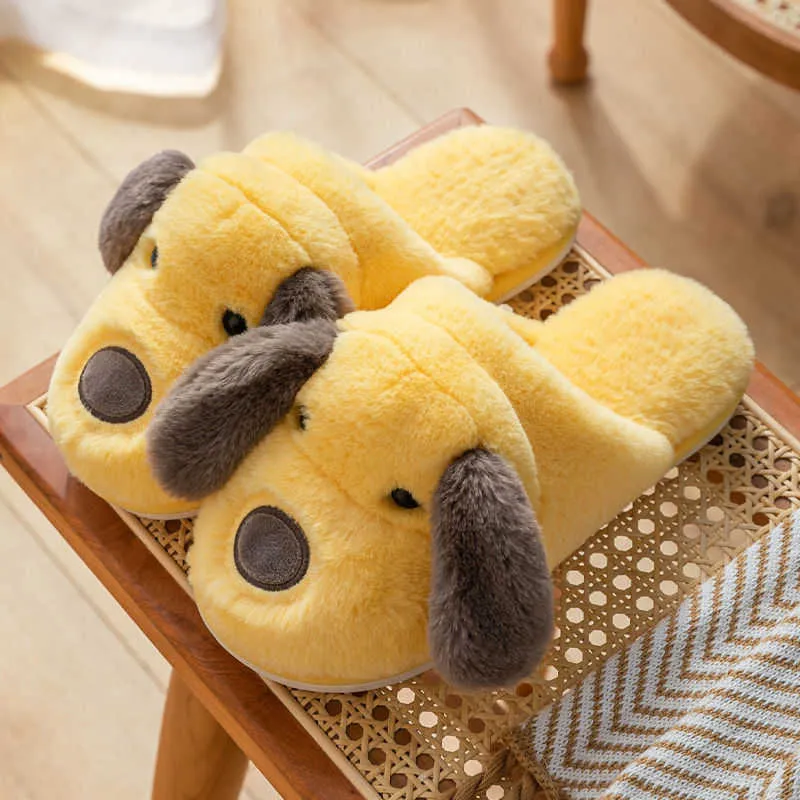 Slippers Cartoon Schattige Hond Pluizig Bont Voor Vrouwen Schoenen Winter Warm Pluche Thuis Koppels Slippers Kaii Platte Schattige Dieren Hond Slides Slippers X0905