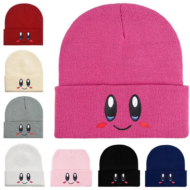 Adorável desenho animado rosa sorriso kirby gorros olhos grandes bordado gorro de malha para mulheres 17 cores