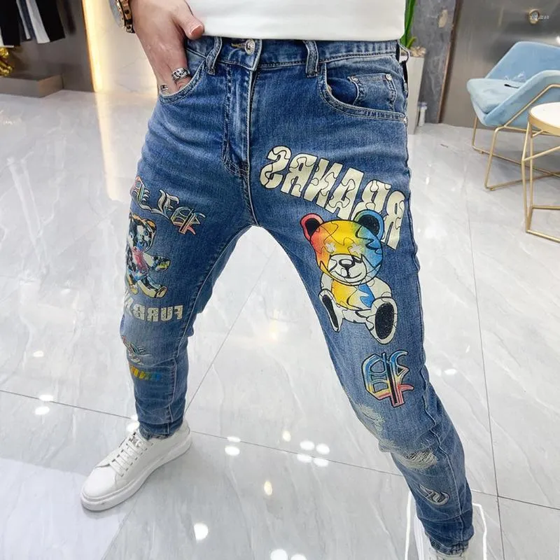 Herenjeans 2023 Zomer Europa Station Mannen Blauw Gepersonaliseerde Beer Print Hoge Kwaliteit Koreaanse Broek Skinny Hombre