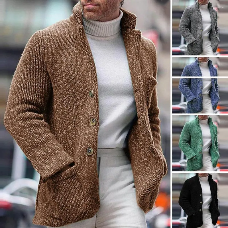 남자 스웨이터 남자 빈티지 스탠드 칼라 스웨터 재킷 캐주얼 한 싱글 가슴 길이 슬리브 포켓 슬림 코트