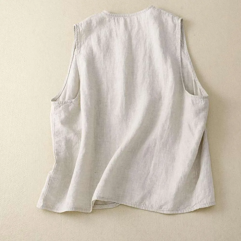 Art Linen Primary Color Vest Spring i Summer Thin Lose Pure Bez rękawów krótkie dla kobiet
